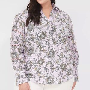 Lane Bryant purple floral classic long sleeve cotton collar pop over top 18/20